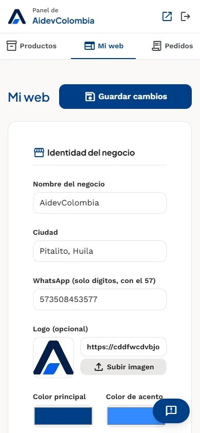 Panel real de Aidev en un celular: editando la identidad del negocio con nombre, ciudad, WhatsApp, logo y colores
